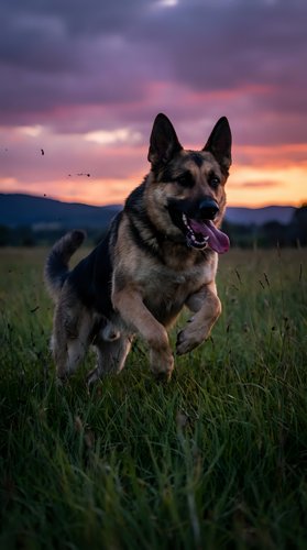 German shepherd dog running through green grass field at sunset with dramatic purple and orange sky in background creating stunning outdoor portrait.