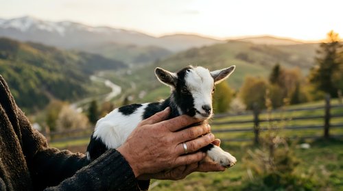 Young goat held in farmer's hands against rolling hills and pastoral landscape during golden hour, representing agriculture, animal husbandry, and rural farming lifestyle.