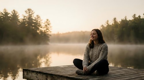 Young woman in cozy sweater sitting peacefully on wooden dock at misty lake during golden hour sunrise, enjoying tranquil morning meditation and nature solitude.