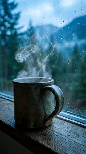 Steaming ceramic mug on a rainy window sill with misty forest and mountain view, evoking cozy autumn comfort.