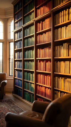 Elegant library interior with floor-to-ceiling wooden bookshelves filled with colorful vintage books, leather armchair and warm natural lighting from windows.