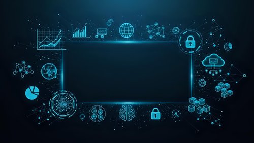 Digital technology frame with glowing blue icons including charts, gears, cloud computing, security locks and data analytics on dark background for presentations.