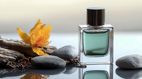 Elegant perfume bottle with zen stones and yellow orchid flower on reflective surface. Spa and wellness composition with aromatic fragrance.