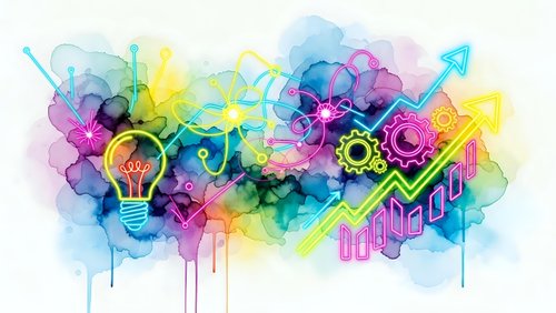 Creative business innovation concept with colorful watercolor splash, lightbulb, gears and growth arrow symbols for marketing and entrepreneurship projects.