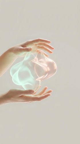 Caucasian female hands holding a glowing translucent energy orb, soft pastel tones, spiritual healing and wellness concept.