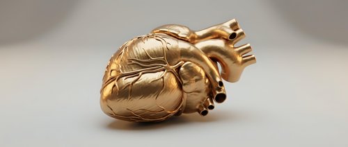 Golden anatomical heart sculpture with detailed arteries and veins on neutral background for medical education and artistic design projects.