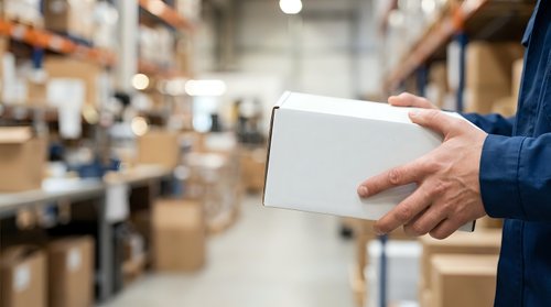Worker in blue uniform holding blank white box in warehouse with shelves and cardboard packages blurred in background, suitable for logistics, delivery, and supply chain concepts.