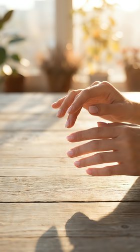 Gentle hands positioned in protective gesture on wooden surface with warm sunlight streaming through window creating peaceful atmosphere for wellness concepts.