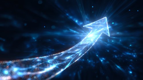Glowing blue arrow made of light particles and energy streams moving upward against dark background with bokeh effects and motion blur for business growth concepts.