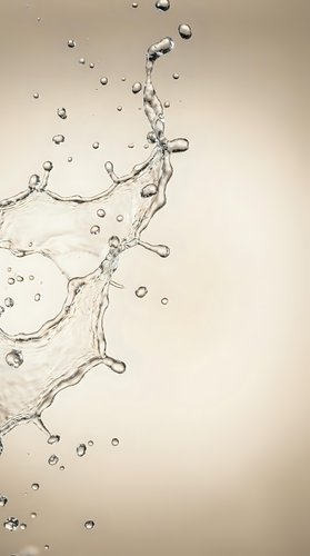 Dynamic water splash with droplets and bubbles captured in motion against neutral beige background for refreshing beverage and hydration concepts.