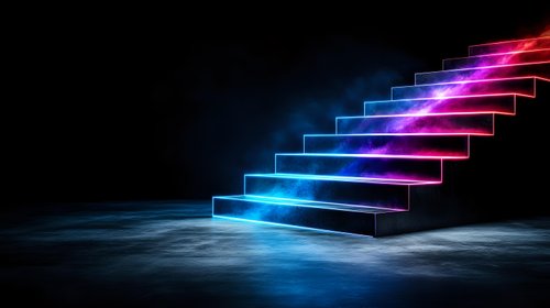 Glowing neon stairs with blue and pink light effects on dark background, modern futuristic architecture concept for business success and growth path.