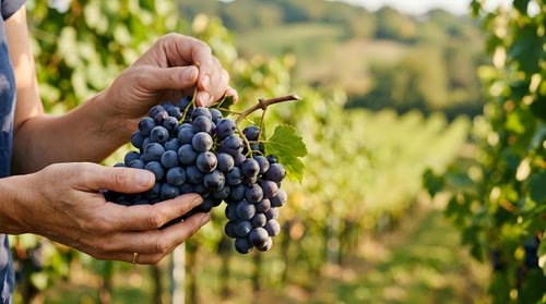 Farmer's hands holding fresh dark grapes in vineyard during harvest season. Agricultural produce ready for winemaking or fresh consumption.