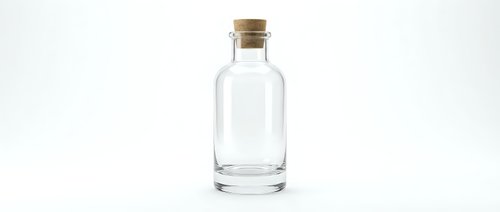 Empty clear glass bottle with cork stopper isolated on white background for product mockup and packaging design projects.