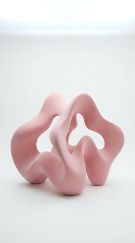 Abstract pink ceramic sculpture with organic flowing forms on white background for modern interior design and contemporary art projects.