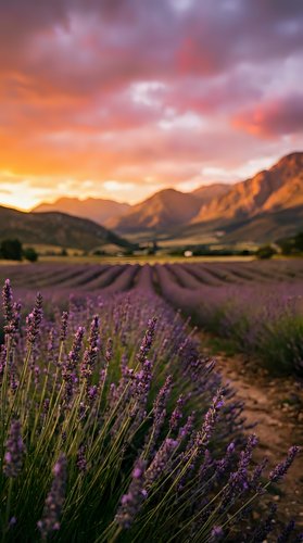 Lavender field at sunset with dramatic colorful sky and mountain landscape. Purple flowers in foreground with golden hour lighting creating peaceful rural scene.