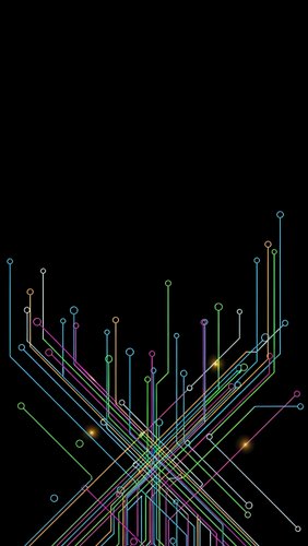 Abstract digital network with colorful glowing lines and connection nodes on black background for technology presentations and modern design projects.