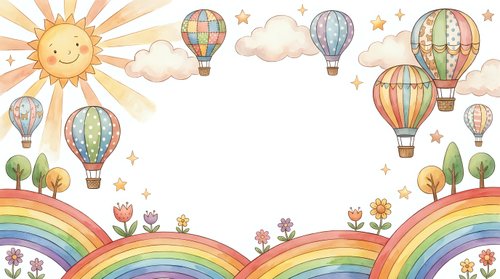 Whimsical hot air balloons floating in sunny sky with rainbows, clouds and flowers. Colorful children illustration for nursery decor and greeting cards.