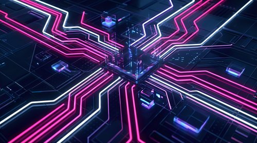 Futuristic digital circuit board with glowing pink and white neon pathways converging at central intersection on dark blue technological background.