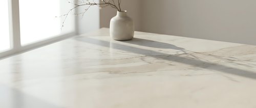 Minimalist interior with marble table surface, ceramic vase with dried branches, soft natural lighting creating elegant shadows for modern home decor.