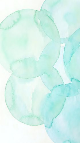 Abstract watercolor circles in soft mint green and turquoise tones creating organic flowing composition for modern design projects and artistic backgrounds.