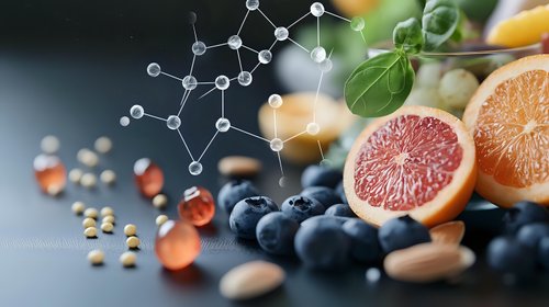 Fresh citrus fruits, blueberries, supplements and vitamin molecular structure on dark background. Natural antioxidants and immune system boosters concept.