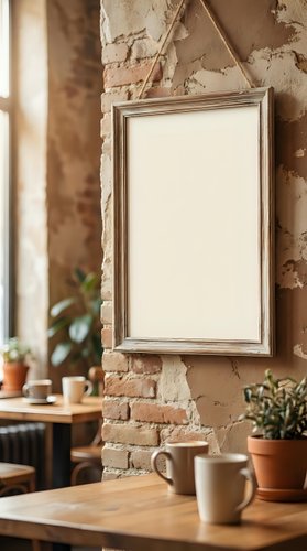 Empty wooden frame hanging on rustic brick wall in cozy cafe interior with plants and coffee cup on wooden table for mockup design.