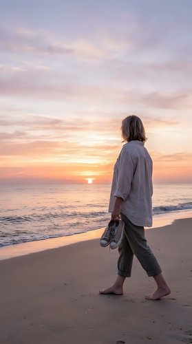 Man with long dark hair wearing casual blue shirt and dark pants walking barefoot on sandy beach at sunset, holding shoes in hand, gazing at ocean horizon during golden hour.