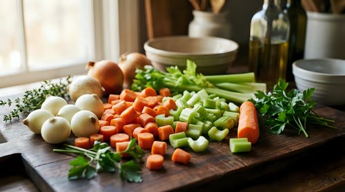 Fresh chopped vegetables on wooden cutting board in rustic kitchen setting with herbs and cooking ingredients for healthy meal preparation and culinary cooking.