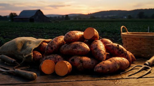 Fresh harvested potatoes on rustic wooden table at sunset with farm barn in background. Organic vegetables ready for cooking and healthy meals.