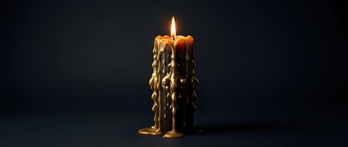Melting wax candle with dripping sides and glowing flame against dark background creates atmospheric mood lighting for relaxation and meditation concepts.