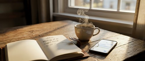 Steaming coffee cup, open notebook, and smartphone on rustic wooden table by sunlit window, cozy morning routine concept.