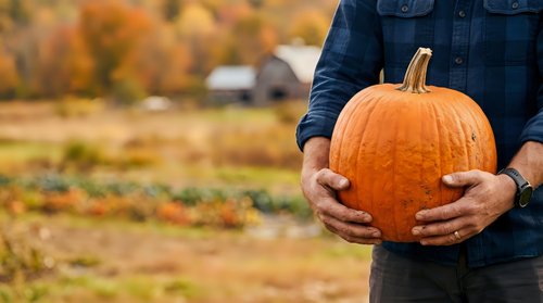 Farmer in denim shirt holding fresh orange pumpkin in autumn harvest field with barn and golden foliage in background.