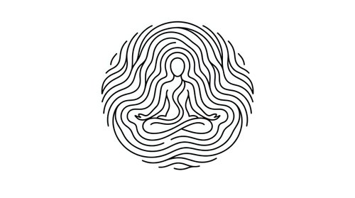 Minimalist line art meditation figure in lotus pose surrounded by flowing circular waves on white background for wellness and spiritual design projects.