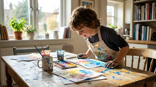 Young boy artist painting watercolor artwork at wooden table in bright home studio with brushes and art supplies.