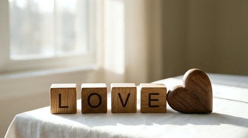 Wooden letter blocks spelling LOVE beside a carved heart on a sunlit table, evoking warmth, romance, and heartfelt connection.