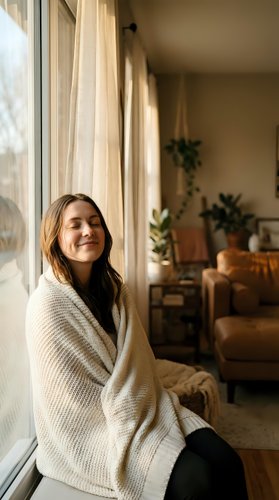 Young woman enjoying morning sunlight wrapped in cozy knit blanket by window in warm living room with plants creating peaceful atmosphere for relaxation and wellness.