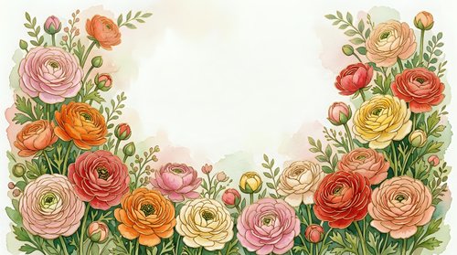 Watercolor ranunculus flowers frame with green leaves on white background. Floral border design for wedding invitations, greeting cards and decorations.