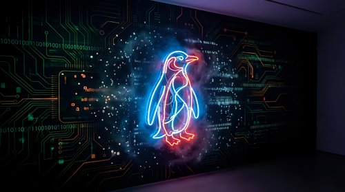 Futuristic penguin silhouette glowing with neon lights surrounded by digital circuit patterns and cosmic particles on dark tech background.