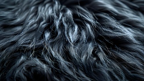 Dark gray fluffy fur texture close up with long wavy strands creating abstract natural pattern. Soft furry surface background for design projects.