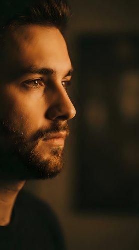 Handsome bearded man in profile with warm golden lighting and dramatic shadows creating moody atmospheric portrait for creative projects.