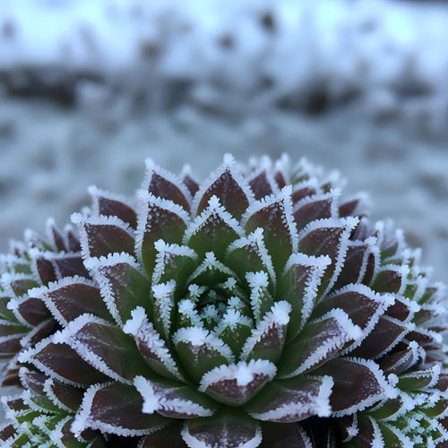 Frost-covered succulent plant with ice crystals on leaves during winter morning creating natural cold weather botanical pattern for seasonal design projects.