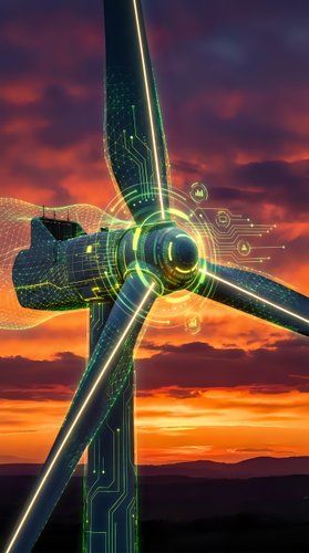 Futuristic wind turbine with digital overlay and glowing circuits against dramatic sunset sky showcasing renewable energy technology and smart grid innovation.