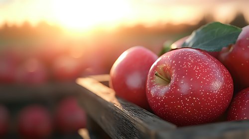 Fresh red apples with water drops in wooden box at sunset, warm golden light and bokeh background, selective focus on ripe organic fruit at harvest time.