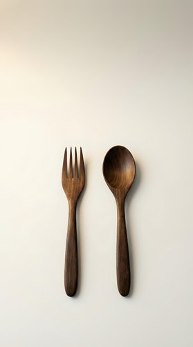 Wooden fork and spoon set on neutral beige background for kitchen dining and eco-friendly cooking utensils flatlay minimalist style.