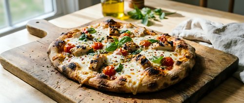 Freshly baked pizza with melted cheese, tomatoes, and herbs on wooden board near window with natural light for food photography and culinary content.