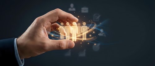 Businessman hand holding glowing light bulb with digital particles and network connections, representing innovation, ideas, and technology solutions for business growth.