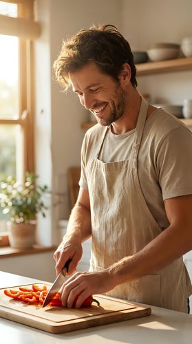 Happy bearded man in apron chopping fresh red bell peppers on wooden cutting board in bright modern kitchen with natural sunlight streaming through windows.