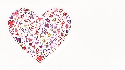 Romantic heart shape filled with love doodles, arrows, swirls and decorative elements on soft pink background for Valentine's Day designs.