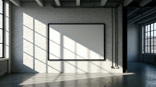 Empty black frame mockup on white brick wall in industrial loft interior with natural light and shadows for art or poster display.