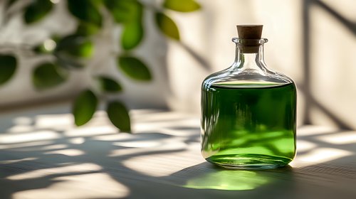 Glass bottle with green liquid casting window shadows on white surface, natural light and plant leaves creating atmospheric composition. Minimalist spa concept.